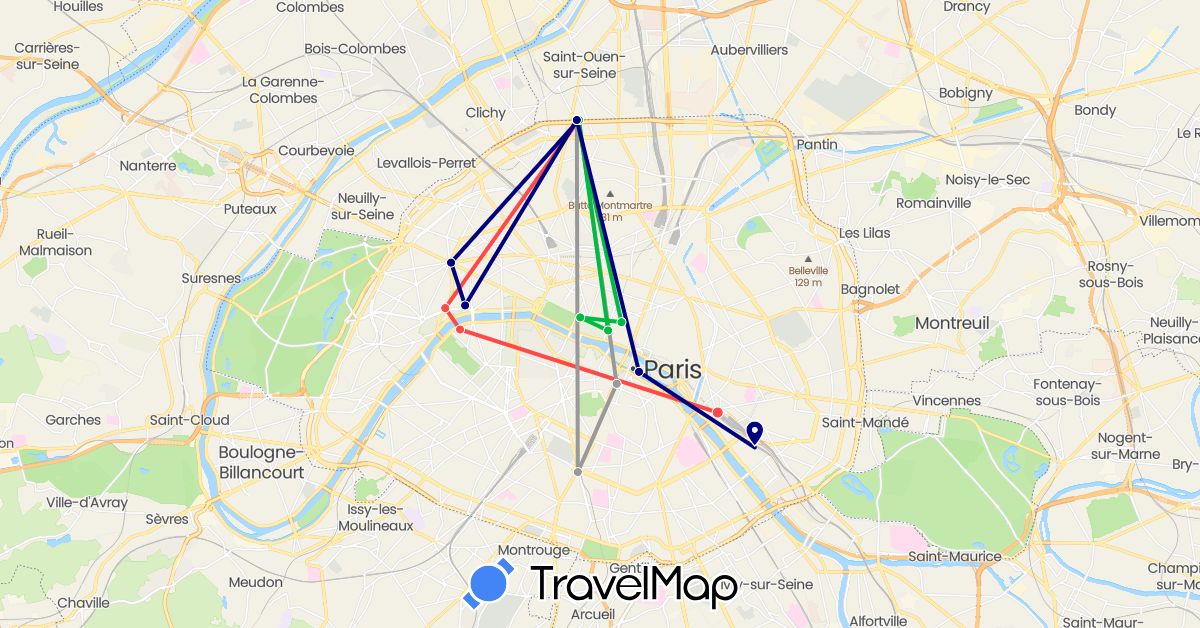 TravelMap itinerary: driving, bus, plane, hiking in France (Europe)